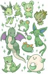  bear character_request commentary_request dragon eevee green_theme h_k225 highres mouse_(animal) multiple_tails no_humans pokemon pokemon_(creature) simple_background sparkle tail two_tails white_background 