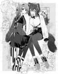  2girls absinthe_(arknights) animal_ears animal_hands arknights bear_ears bear_girl border breasts buttons collared_shirt cross-laced_footwear cross_tie crossed_bangs expressionless full_body greyscale hair_between_eyes highres invisible_chair iwashi_80 long_hair long_sleeves looking_at_viewer monochrome multiple_girls ornate_border outside_border pantyhose parted_lips ponytail raccoon_ears raccoon_girl raccoon_tail robin_(arknights) shirt shoes short_hair shorts sitting tail 