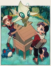  1boy 1girl animal_ears antennae backwards_hat bag baseball_cap black_eyes black_hair black_hat black_pants blue_overalls bow brown_eyes brown_hair celebi commentary cyndaquil ethan_(pokemon) forest from_above grass green_eyes hat hat_bow highres ilex_forest jacket leaning_forward long_sleeves looking_back looking_up lyra_(pokemon) marill medium_hair mikakami1e nature open_mouth outdoors overalls pants parted_lips pokemon pokemon_(creature) pokemon_hgss red_bow red_footwear red_jacket red_ribbon red_shirt ribbon shirt shoes short_hair sweatdrop thigh-highs tree twintails twitter_username white_hat white_thighhighs wings 