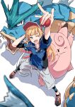  1girl ;d absurdres arm_up bad_id bad_twitter_id black_footwear black_shirt blonde_hair blue_jacket blunt_bangs bullfalk clefable commentary_request cosplay from_above grey_shorts gyarados heanna_sumire highres holding holding_poke_ball jacket legs_apart long_hair looking_at_viewer looking_up love_live! love_live!_superstar!! nate_(pokemon) nate_(pokemon)_(cosplay) one_eye_closed open_mouth poke_ball pokemon pokemon_(creature) pokemon_bw2 red_footwear red_visor revision shadow shirt shoes short_sleeves shorts sidelocks smile sneakers standing two-tone_footwear v-shaped_eyebrows visor_cap white_background 