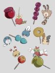  :&lt; :3 black_eyes blush blush_stickers candy_apple chingling closed_mouth commentary_request dipplin food fruit grey_background highres looking_at_viewer morpeko morpeko_(full) no_humans pineapple pineapple_slice pokemon pokemon_(creature) poliwag sentret simple_background smile strawberry sumi_fms tanghulu yanma yellow_eyes 