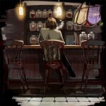  1boy akechi_gorou black_border black_pants book border brown_hair cafe coffee_pot counter crossed_legs from_behind full_body hanging_light houhou_(black_lack) indoors jacket light_particles male_focus pants persona persona_5 short_hair sitting solo stained_glass tile_floor tiles 