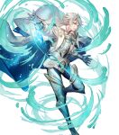  1boy armor attack barefoot blue_cape blue_pants cape corrin_(fire_emblem) corrin_(male)_(hoshido_noble)_(fire_emblem) dragonstone fire_emblem fire_emblem_fates fire_emblem_heroes gauntlets glowing grey_hair highres non-web_source official_alternate_costume official_art pants pointy_ears red_eyes rope shimenawa smile solo v-shaped_eyebrows water white_armor white_cape 
