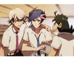 3boys arm_around_shoulder arm_up bad_id bad_lofter_id belt black_hair black_pants blue_hair blue_necktie classroom clenched_hand closed_eyes collared_shirt day fujiki_yusaku green-framed_eyewear green_eyes grey_hair hands_up happy highres holding homura_takeru indoors loose_necktie male_focus medium_hair multicolored_hair multiple_boys naoki_(2rzmcaizerails6) necktie nervous_smile open_mouth pants pink_hair popped_collar purple_necktie redhead shima_naoki shirt short_hair short_sleeves smile spiky_hair streaked_hair sweatdrop teeth upper_body upper_teeth_only white_background yu-gi-oh! yu-gi-oh!_vrains 