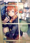 1girl blue_eyes camera chair chisato_madison closed_mouth desk earrings hairband highres jewelry looking_at_viewer looking_outside miyama_(lacrima01) pen pointy_ears redhead short_hair sitting solo star_ocean star_ocean_the_second_story window 