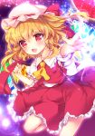  1girl ascot back_bow blonde_hair bow breasts collared_shirt cowboy_shot crystal enjoy_mix fang flandre_scarlet frilled_shirt_collar frills glowing glowing_wings hat hat_bow hat_ribbon large_bow leg_up long_neck looking_at_viewer medium_hair mob_cap multicolored_wings open_mouth outstretched_arms outstretched_hand puffy_short_sleeves puffy_sleeves purple_background red_bow red_eyes red_ribbon red_skirt red_vest reitaisai ribbon shirt short_sleeves skirt skirt_set small_breasts solo touhou vest white_bow white_hat white_shirt wings yellow_ascot 