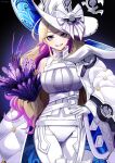  1girl absurdres blonde_hair breasts cape detached_sleeves diabellze_the_original_sinkeeper duel_monster gloves hat highres jetihyeon large_breasts long_hair multicolored_hair purple_hair single_detached_sleeve smile solo streaked_hair witch_hat yu-gi-oh! 