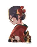  1girl alternate_costume alternate_hairstyle black_hair bleach bow closed_mouth commentary cropped_torso expressionless floral_print flower from_side hair_between_eyes hair_bow hair_bun hair_ornament highres japanese_clothes kanzashi kimono kuchiki_rukia leaf_hair_ornament looking_down print_kimono profile red_bow red_flower red_kimono red_lips rinner373 short_eyebrows short_hair simple_background single_hair_bun solo tsurime twitter_username upper_body violet_eyes white_background yellow_flower 