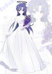  1girl absurdres black_halo blue_archive bouquet commentary dress flower gloves halo highres holding holding_bouquet mechanical_halo purple_flower purple_hair rose seno_(senohime) solo strapless strapless_dress violet_eyes wedding_dress white_dress white_flower white_gloves white_rose yuuka_(blue_archive) 