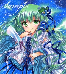  1girl bell blue_background blue_ribbon blue_skirt closed_mouth detached_sleeves embellished_costume frilled_shirt frilled_sleeves frills frog_hair_ornament gohei green_eyes green_hair hair_ornament hair_ribbon hand_up holding holding_gohei jingle_bell kochiya_sanae long_hair long_sleeves looking_at_viewer marker_(medium) ribbon rui_(sugar3) sample_watermark shirt single_hair_tube skirt smile snake_hair_ornament solo touhou traditional_media upper_body watermark white_shirt white_sleeves wide_sleeves 