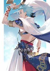  1boy arm_up armband armor back belt blue_belt blue_eyes blue_hair blue_sash blue_sky border bracelet camus_(dq11) cape chest_belt clouds commentary cowboy_shot dragon_quest dragon_quest_xi ear_piercing earrings en_(enxxx) from_behind hair_between_eyes highres holding jewelry looking_back male_focus metal_bracelet multicolored_clothes pauldrons piercing red_sash sash shoulder_armor skirt sky smile solo spiky_hair topless_male very_long_cape white_border white_cape white_skirt 