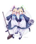  2girls absurdres animal_ear_headphones animal_ears apron black_dress black_footwear blonde_hair blue_archive blush bucket cat_tail dress fake_animal_ears frilled_apron frilled_dress frills green_eyes green_halo halo headphones highres holding holding_bucket long_sleeves maid maid_apron maid_headdress midori_(blue_archive) midori_(maid)_(blue_archive) momoi_(blue_archive) momoi_(maid)_(blue_archive) multiple_girls official_alternate_costume open_mouth pantyhose parted_lips pink_halo puffy_long_sleeves puffy_sleeves red_eyes shoes short_hair siblings sisters smile tail tokage_(pr) twins twitter_username white_apron white_pantyhose 