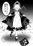  1girl :3 animal_ears bag_of_chips blue_archive bow bowtie chips_(food) closed_eyes commentary curtsey fake_animal_ears fake_tail food greyscale halo highres long_sleeves mary_janes medium_hair momoi_(blue_archive) momoi_(maid)_(blue_archive) monochrome noripote_(noripote831) potato_chips shoes tail tile_floor tiles translation_request 
