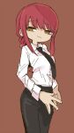  :3 black_necktie black_pants brown_background chainsaw_man deformed fingernails looking_at_viewer makima_(chainsaw_man) naaaaaaaa necktie pants redhead shirt simple_background smirk spread_fingers standing white_shirt yellow_eyes 