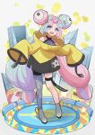  1girl :d aqua_hair bare_shoulders bow-shaped_hair character_hair_ornament eyelashes full_body grey_pantyhose hair_ornament iono_(pokemon) jacket long_hair long_sleeves looking_at_viewer mizuiro123 multicolored_hair open_mouth pantyhose pink_eyes pink_hair pokemon pokemon_sv sharp_teeth single_leg_pantyhose sleeves_past_fingers sleeves_past_wrists smile solo standing teeth thigh_strap twintails two-tone_hair upper_teeth_only very_long_hair wide_sleeves yellow_jacket 