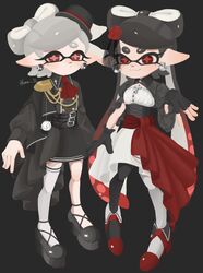  2girls :3 alternate_costume ascot asymmetrical_gloves belt black_background black_gloves black_hair black_hat black_pantyhose black_skirt bow-shaped_hair callie_(splatoon) closed_mouth cousins earrings epaulettes fingerless_gloves flower gloves gradient_hair grey_hair hat highres inkling jewelry lemo_(lemo_4) long_hair looking_at_viewer marie_(splatoon) mole mole_under_eye multicolored_hair multiple_girls pantyhose pointy_ears red_ascot red_eyes red_flower red_rose redhead rose short_hair simple_background single_epaulette single_thighhigh skirt smile splatoon_(series) star-shaped_pupils star_(symbol) stopwatch symbol-shaped_pupils tentacle_hair thick_eyebrows thigh-highs top_hat two-tone_hair white_thighhighs 