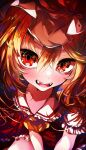  1other absurdres ascot blonde_hair cowboy_shot fangs flandre_scarlet from_above harii_(janib5kc) hat highres medium_hair mob_cap open_mouth red_eyes side_ponytail solo touhou yellow_ascot 