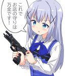  1girl apron beretta_92 blue_apron blue_bow blue_eyes blue_hair bow bright_pupils buttons changaa chestnut_mouth cocking_gun collared_shirt colored_eyelashes commentary_request furrowed_brow gochuumon_wa_usagi_desu_ka? gun hair_between_eyes hair_ornament handgun highres holding holding_gun holding_weapon kafuu_chino light_blue_hair long_hair long_sleeves looking_at_object note open_mouth rabbit_house_uniform shirt simple_background solo standing translated triangle_mouth upper_body weapon white_background white_shirt winter_uniform x_hair_ornament 