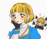  1boy 1girl black_gloves blonde_hair blue_eyes blue_shirt blush braid crown_braid fingerless_gloves gloves hand_on_own_chin heart highres link long_hair looking_at_another looking_at_viewer mouyi official_alternate_hairstyle parted_lips pointy_ears princess_zelda prototype_design puffy_sleeves shirt short_hair sidelocks signature simple_background the_legend_of_zelda the_legend_of_zelda:_tears_of_the_kingdom thumbs_up v-shaped_eyebrows white_background 