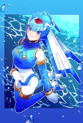  1girl android armor blue_armor blue_border blue_eyes blue_helmet border breasts fairy_leviathan_(mega_man) forehead_jewel full_body helmet highres looking_at_viewer medium_breasts mega_man_(series) mega_man_zero_(series) rikka_(user_hruv2435) smile solo water_drop 