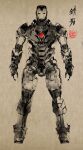  armor artist_logo brown_background commentary_request full_body helmet ikuyoan ink_wash_painting iron_man iron_man_(series) limited_palette marvel power_armor solo standing translation_request 