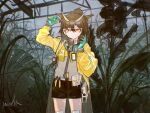 1girl arknights artist_name black_shorts brown_hair coat feather_hair geiger_counter gloves goggles green_gloves greenhouse highres holding_vial indoors jacket long_sleeves looking_at_viewer mask mask_around_neck menthe official_alternate_costume owl_ears plant rhine_lab_logo safety_glasses see-through_pants short_hair shorts silence_(arknights) silence_(lacquer)_(arknights) solo yellow_coat yellow_eyes yellow_jacket 