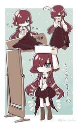  ... 1girl absurdres aqua_background blue_eyes boots brown_footwear covered_eyes cross_tie deformed fur_hat hair_over_one_eye hand_on_own_chin hat highres holding holding_needle knee_boots long_hair long_skirt long_sleeves looking_at_object mirror multiple_views needle own_hands_together pants pants_under_skirt puffy_long_sleeves puffy_sleeves redhead reverse:1999 scissors sewing sewing_needle shirt sitting skirt skirt_hold smile spoken_ellipsis standing translation_request ushanka white_hat white_pants white_shirt yenisei_(reverse:1999) yukine_(ykn_iroiro) 