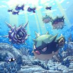  absurdres air_bubble black_eyes bubble closed_mouth cloyster commentary_request coral finneon fish fish.boy frown grin highres light_rays no_humans pokemon pokemon_(creature) qwilfish shellder smile spikes teeth underwater 