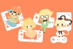 1girl 3boys baseball_cap black_hair blonde_hair braid chibi child dress full_body game_boy_advance game_console glasses handheld_game_console hat hitofutarai jeff_andonuts mother_(game) mother_2 multiple_boys ness_(mother_2) nintendo_3ds open_mouth paula_(mother_2) pink_dress poo_(mother_2) shirt short_hair smile striped_clothes striped_shirt wii_u 