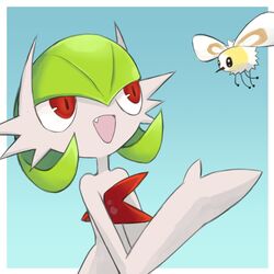  blue_background bob_cut bug colored_skin cutiefly dmt_(auburn) fang gardevoir green_hair insect_wings is_this_a_pigeon_(meme) mega_gardevoir mega_pokemon meme open_mouth pokemon pokemon_(creature) red_eyes simple_background white_skin wings 