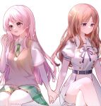  2girls bang_dream! bang_dream!_it&#039;s_mygo!!!!! belt blue_eyes blue_ribbon blush brown_hair brown_sweater_vest chihaya_anon chinese_commentary closed_mouth collared_shirt commentary_request crossed_legs dress fang green_skirt grey_eyes hand_up haneoka_school_uniform highres holding_hands kaoruru_(sakuno2911) long_hair multiple_girls nagasaki_soyo neck_ribbon open_mouth pink_hair pleated_skirt ribbon sailor_collar school_uniform shirt short_sleeves simple_background sitting skirt smile sweater_vest tsukinomori_school_uniform twitter_username white_background white_dress white_sailor_collar white_shirt yuri 