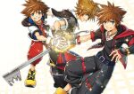  3boys belt black_gloves black_jacket black_pants black_shirt blue_belt bodysuit chain chain_necklace commentary crown_necklace english_commentary fingerless_gloves from_side gloves hands_on_another&#039;s_hands highres holding holding_weapon hood hood_down hooded_jacket jacket jewelry keyblade kingdom_hearts kingdom_hearts_i kingdom_hearts_ii kingdom_hearts_iii kingdom_key looking_at_viewer looking_to_the_side multiple_boys multiple_persona necklace open_clothes open_jacket pants puffy_short_sleeves puffy_sleeves red_bodysuit shirt sho_(sumika) short_sleeves sora_(kingdom_hearts) spiky_hair weapon white_gloves yellow_footwear zipper zipper_pull_tab 