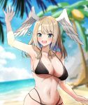  1girl beach bikini blue_eyes blue_pupils blush breast_tattoo breasts eunie_(xenoblade) head_wings highres kanuici336 long_hair solo swimsuit tattoo wings xenoblade_chronicles_(series) xenoblade_chronicles_3 