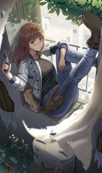  1girl blue_pants bomber_jacket breasts brown_eyes brown_footwear brown_hair building can closed_mouth curtains denim from_above gun highres holding holding_gun holding_weapon holster jacket jeans kiruko_(tengoku_daimakyou) leaf long_hair looking_to_the_side medium_breasts pants pillow plant railing silvertsuki sitting smile solo tengoku_daimakyou weapon white_jacket window 