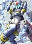  1girl arms_up blue_eyes blue_footwear blue_helmet blurry blurry_foreground boots breasts fairy_leviathan_(mega_man) foot_out_of_frame forehead_jewel grey_background helmet highres holding holding_polearm holding_weapon jam_jam_odoro looking_at_viewer medium_breasts mega_man_(series) mega_man_zero_(series) polearm solo spear thigh_boots water weapon 
