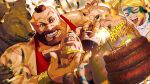  bear beard brown_hair character_doll chest_hair closed_eyes english_commentary facial_hair fireworks food happy happy_birthday highres matryoshka_doll mohawk official_art open_mouth rainbow_mika sparkler steak street_fighter street_fighter_6 tank_top twintails wrestling_mask zangief 