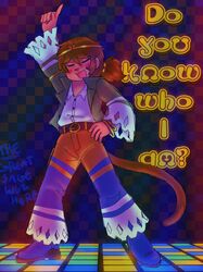  1girl absurdres accessories akatsuki_records armlet belt cephalonheadquarters closed_mouth disco highres jacket light_rays monkey_tail multicolored_background open_mouth shirt son_biten tail touhou twintails white_shirt 