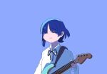 1girl blue_background blue_hair blue_theme bocchi_the_rock! closed_eyes guitar highres holding holding_guitar holding_instrument instrument shirt short_hair simple_background solo standing surume45 upper_body white_shirt yamada_ryo 