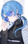  1girl absurdres blue_eyes blue_hair blush earrings hair_between_eyes hair_over_shoulder highres hololive hoshimachi_suisei hoshimachi_suisei_(8th_costume) jewelry long_hair looking_at_viewer nolc round_eyewear smile solo star_(symbol) star_in_eye sunglasses symbol_in_eye tassel tinted_eyewear virtual_youtuber 