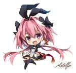  1boy animal_ears astolfo_(fate) astolfo_(saber)_(fate) astolfo_(saber)_(third_ascension)_(fate) black_bow black_bowtie black_gloves black_pantyhose blush bow bowtie character_name chibi dress fake_animal_ears fang fate/grand_order fate_(series) gloves gold_trim hair_between_eyes hair_bow hair_intakes leg_up long_hair male_focus multicolored_hair open_mouth otoko_no_ko pantyhose pink_hair rabbit_ears red_ribbon ribbon riia simple_background skin_fang solo streaked_hair twintails two-tone_hair very_long_hair violet_eyes white_background white_hair wide_sleeves 