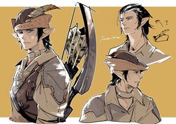  1boy arrow_(projectile) black_hair blue_eyes bow_(weapon) brown_hat character_request elezen elf final_fantasy final_fantasy_xiv hat hat_feather male_focus multiple_views pointy_ears quiver signature silvairre solo weapon yabuka_shiwa yellow_background 