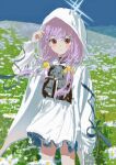  1girl atsuko_(blue_archive) blue_archive blush closed_mouth cowboy_shot day dress flower grey_halo halo highres jacket long_hair long_sleeves open_clothes open_jacket outdoors purple_hair red_eyes smile solo white_dress white_flower white_jacket x158239 