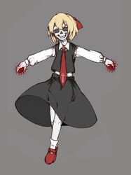  1girl black_skirt black_vest blonde_hair blood blood_splatter bolos bow collared_shirt commentary cross_print full_body grey_background grin hair_bow knees long_sleeves mary_janes medium_skirt monsterification necktie outstretched_arms red_bow red_footwear red_necktie rumia shirt shoes short_hair simple_background skeleton skirt skirt_set skull smile socks solo touhou vest white_shirt white_socks 