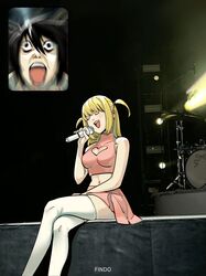  1boy 1girl absurdres amane_misa artist_name bags_under_eyes bare_arms bare_shoulders black_hair blonde_hair breasts cleavage_cutout closed_eyes clothing_cutout crop_top crossed_legs death_note fan_screaming_at_madison_beer_(meme) feet_out_of_frame findoworld hair_between_eyes heart_cutout highres holding holding_microphone l_(death_note) long_hair medium_breasts meme microphone midriff music navel open_mouth pink_shirt pink_skirt shirt short_hair short_twintails shouting sidelocks singing sitting skirt sleeveless sleeveless_turtleneck smile thigh-highs turtleneck twintails white_shirt white_thighhighs 