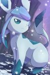  blue_eyes blue_fur day glaceon highres looking_at_viewer no_humans outdoors pokemon pokemon_(creature) rumine_(yoshi1234567) snowing solo two-tone_fur 
