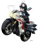  1girl armor blue_hair boots cosplay cyclone_(kamen_rider) gloves green_armor green_helmet gt_ojisan helmet kamen_rider kamen_rider_1_(shin) kamen_rider_1_(shin)_(cosplay) motor_vehicle motorcycle on_motorcycle parody rider_belt riding scarf shima_rin shin_kamen_rider solo tokusatsu typhoon_(kamen_rider) violet_eyes yurucamp 