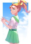  1girl aozora_middle_school_uniform blue_sky bright_pupils closed_mouth clouds cloudy_sky cowboy_shot day from_side green_eyes green_sailor_collar green_skirt hair_ribbon highres ishidai_(ishidai4682) jewelry looking_at_viewer medium_hair natsuumi_manatsu neckerchief orange_hair outdoors pink_neckerchief pleated_skirt precure ribbon ring sailor_collar school_uniform serafuku short_sleeves side_ponytail skirt sky smile solo standing steepled_fingers tropical-rouge!_precure white_pupils yellow_ribbon 