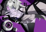  1girl bandage_over_one_eye bare_shoulders colored_skin detached_sleeves dress drone evil_smile flat_chest glowing glowing_eye grey_dress grey_hair grey_skin grey_sleeves grey_thighhighs hair_between_eyes hair_ornament hairclip highres long_hair long_sleeves mafrn3_(g03s) no.21:_xxi_(punishing:_gray_raven) no.21_(punishing:_gray_raven) parted_lips punishing:_gray_raven purple_background short_dress sidelocks smile thigh-highs 
