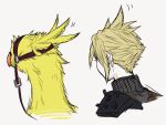  1boy armor beak bird blonde_hair chocobo cloud_strife comparison facing_away feathers final_fantasy final_fantasy_vii final_fantasy_vii_rebirth final_fantasy_vii_remake grey_shirt male_focus motion_lines shirt short_hair shoulder_armor shunkafuyu single_shoulder_pad sketch solo spiky_hair turtleneck upper_body 