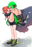  2girls agent_3_(splatoon) agent_8_(splatoon) bike_shorts black_footwear black_shirt black_shorts blue_eyes boots cape carrying crop_top eye_contact green_hair headgear high_heel_boots high_heels highres inkling inkling_girl inkling_player_character koharu2.5 long_hair looking_at_another multiple_girls octoling octoling_girl octoling_player_character orange_eyes princess_carry redhead shirt shoes shorts simple_background sleeves_past_elbows splatoon_(series) splatoon_2 splatoon_2:_octo_expansion standing suction_cups tentacle_hair torn_cape torn_clothes white_background 
